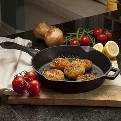 Bayou Classic 7434 14-in Cast Iron Skillet Features Helper Handle and Pour Spouts Perfect For Searing Braising Frying and Baking Pies and Cobblers