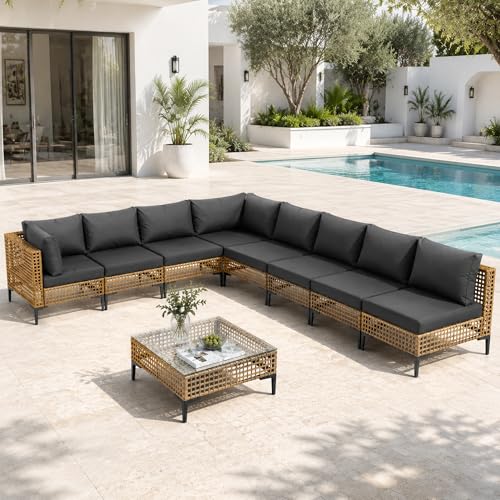 WiNVO 9-Piece Outdoor Wicker Patio Sectional Furniture Set, Grey