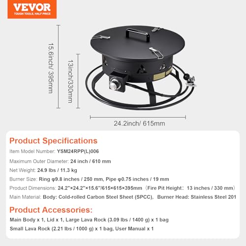 VEVOR Portable Propane Fire Pit, 24-Inch Diameter Outdoor Gas Fire Pit with Cover & Lava Rocks, Adjustable Flame Height Camping Firepit for Heating, Lighting, Gathering, 58,000 BTU, Black
