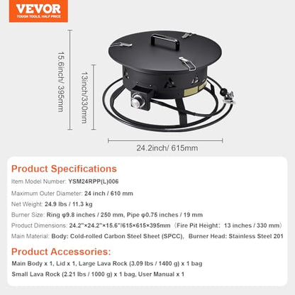 VEVOR Portable Propane Fire Pit, 24-Inch Diameter Outdoor Gas Fire Pit with Cover & Lava Rocks, Adjustable Flame Height Camping Firepit for Heating, Lighting, Gathering, 58,000 BTU, Black