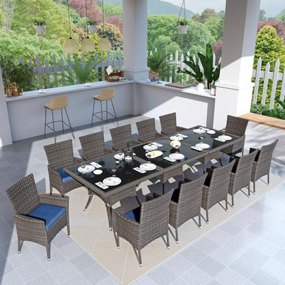 ASJMR 15 Pieces Dining Sets for 12 with Rattan Wicker Dining Set Chairs and Square Table Glass Top with Umbrella Cutout, Outdoor and Indoor Set for Patio, Backyard, Garden, Poolside, Kitchen- Navy