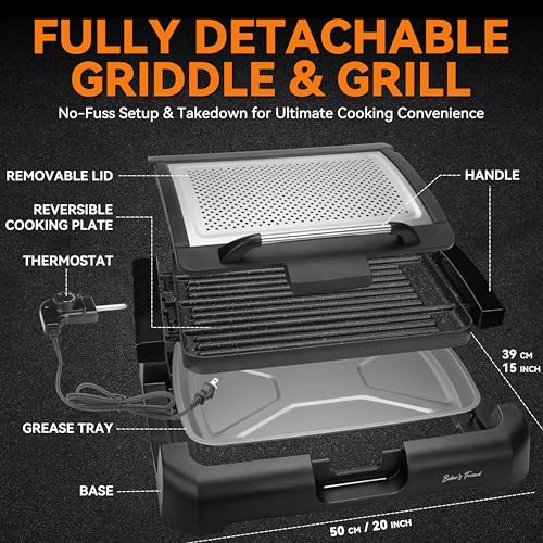 Baker’s Friend Indoor Searing Grill & Griddle, Electric Griddle with 2 in 1 Indoor Grill and Griddle Plate Indoor Grill with Removable Plate & Lid, Silicone Mold, Dishwasher Safe, Graphite
