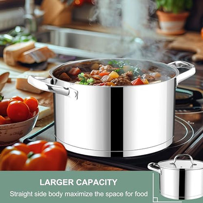 E-far Stainless Steel Stockpot, 5 Quart Pot with Glass Lid for Soup Pasta, Induction Nontoxic Cooking Pot for All Stoves, Thick Tri-Ply Bottom & Double Riveted Handle, Oven & Dishwasher Safe