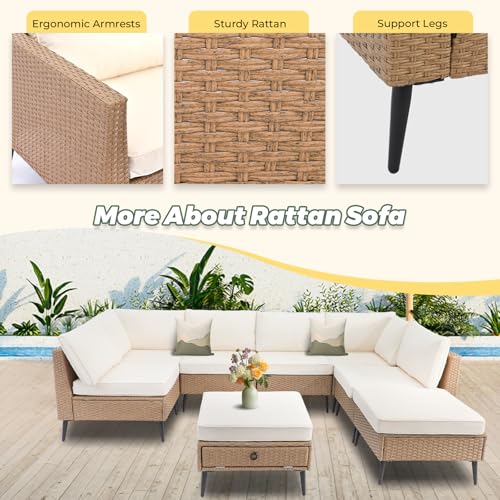 LVUYOYO 8 Pieces Outdoor Patio Furniture Set, Wicker Sectional Sofa Set for All-Weather, Rattan Conversation Sets with Cushions and Storage for Deck, Backyard, Porch (Khaki)