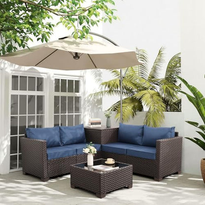 WAROOM Patio Furniture Set 4 Piece Conversation Sets Brown Rattan Outdoor Couch Loveseat Wicker Sectional Sofa with Storage Box Glass Top Table, Navy Blue Cushion