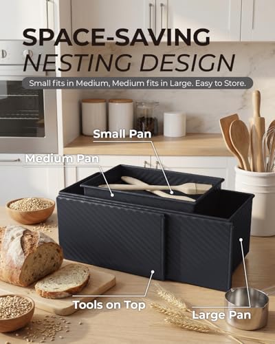 CARTMAN 3-Piece Pullman Loaf Pan with Lid Set – Non-Stick Carbon Steel Bread Pan with Bottom Vents – Includes Large (12.4"), Medium (8.2") & Mini (6.3") Sizes plus Silicone Tools – Classic Black