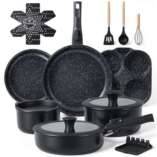 Ammeloo 21-Piece Ceramic Pots and Pans Set Non Stick with Detachable Handles and Egg Frying Pan, Non-Toxic Cookware, Induction Ready, Oven Safe, Stackable for Storage, Black Speckled