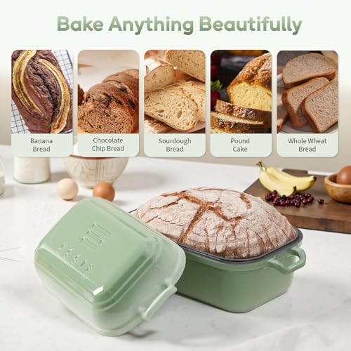 Ryede Enameled Cast Iron Dutch Oven Pot with Lid, Dutch Oven for Sourdough Bread Baking, 10×6 Bread Loaf Pans with Lid for Homemade Bread, Cake, Meatloaf, Oven & Induction Safe (Green, 3.84 QT)