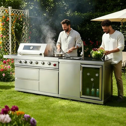 84-Inch Deluxe Stainless Steel Outdoor Kitchen Barbecue Island Grill, 5-Burner 75300 BTU, SS304 Material with Sink, Wine Cooler, Refrigerator, Granite Countertops & Rotisserie Kit, Silver (Silver)