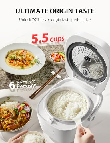 TOSHIBA OriginTaste Rice Cooker 5.5-Cup Uncooked, Fuzzy Logic, 15-in-1 Functions, Digital Display, Delay Timer, Keep Warm, Nonstick Inner Pot, White