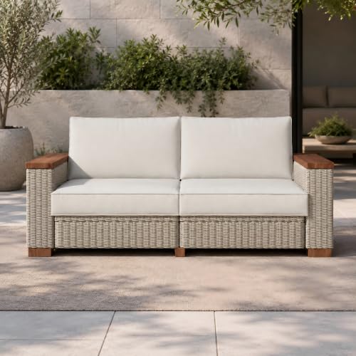 PaPaJet Outdoor Loveseat Patio Sofa, Wicker Couch with Solid Armrests & Legs, 4.7" Thick Cushion, UV-Resistant Modular Sofa for Porch, Backyard, Garden