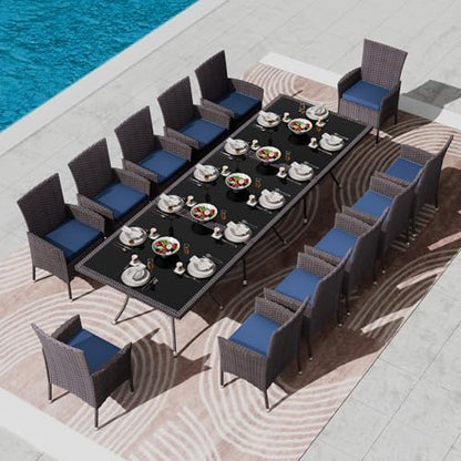 Kullavik 15 Pieces Outdoor Dining Set Patio Rattan Furniture Set,Patio Dining Table and Chairs Set with 12 Chairs and Cushions,Square Glass Tabletop with Umbrella Hole for Patio,Backyard,Navy Blue