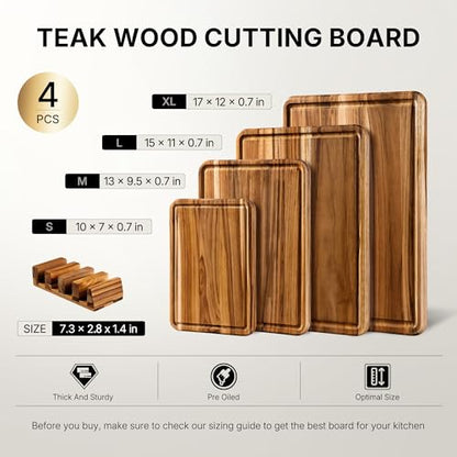 4 Pack Teak Cutting Board Set for Kitchen Heavy Duty Non Toxic Non Slip Solid Thick Wood Haus Chopping Board Extra Large Big Small Meat Best Wooden Charcuterie Board