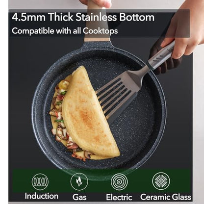 AnimoZest Nonstick Deep Frying Pan with Lid, 3.5 QT Swiss Granite Coating Sauté Pan, 10 Inch Healthy Non Stick Skillet Cooking Pan with Stay Cool Handles, PFOA Free, Induction Ready.