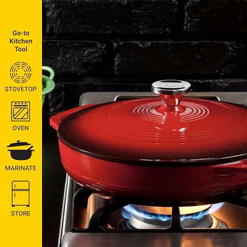 Lodge Essential Enamel Braiser 3.5 Quart - Refrigerator- & Oven-Safe up to 500° F - Heat-Retaining, Induction-Safe & PFAS-Free Enamel Cookware - Island Spice Red