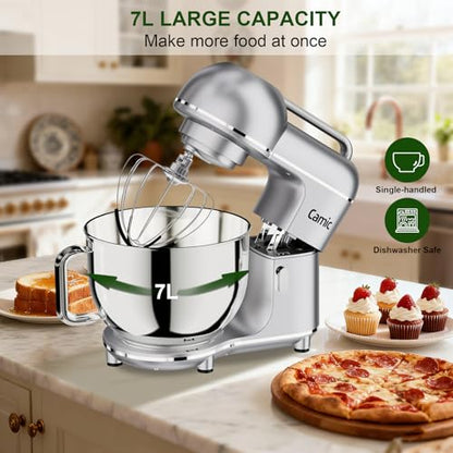 Camic 7.45 QT Tilt-Head Stand Mixer, Electric Mixer for Baking (Silver)