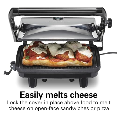 Hamilton Beach Panini Press Sandwich Maker & Electric Indoor Grill with Locking Lid, Opens Wide to Fit Any Thickness for Quesadillas, Burgers & More, Nonstick 8" x 10" Grids, Chrome (25460MNA)