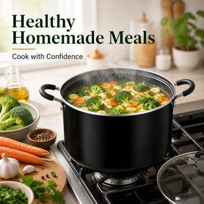 Alpine Cuisine 10Qt Aluminum High Stock Pot with Glass Lid, Nonstick Black Coated Cooking Pot, Large Capacity Soup & Pasta Pot with Handles, Durable & Lightweight Cookware for Family Meals