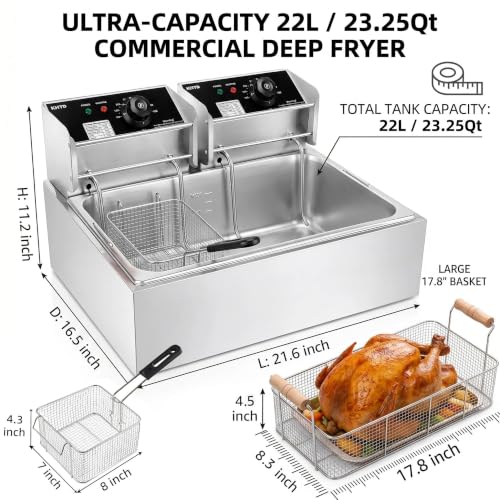 Commercial Deep Fryer with Basket, 12.7QT/12L Large Capacity Electric Oil Fryer, 3400W Stainless Steel Countertop Fryer with Temperature Control & Lids for Restaurant Home Kitchen