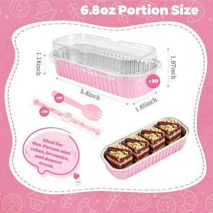 NPLUX Mini Cake Pans with Lids and Spoons, 50 Pack Pink Mini Loaf Pans with Lids, Mini Cake Containers for Baking, Mini Cheesecake and Party Desserts, Individual Cake Pans with Lids