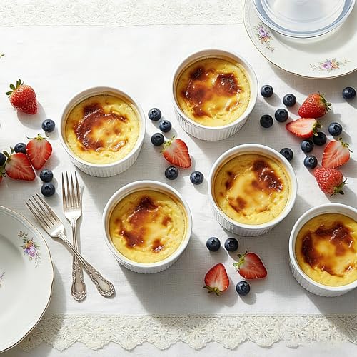 14 oz Ceramic Ramekins with Lids, Set of 4 Oven Safe Porcelain Creme Brulee Ramekins for Baking, Souffle, Pudding, Dessert, Dip, Leftovers & Food Storage, (White)