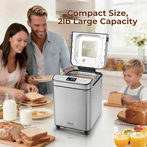 Rosewill 25-in-1 Automatic Bread Maker Machine with 3 Loaf Size up to 2 Lb, 700W High Power Dual Heater Bread Maker with BPA-free Nonstick Coating Pan, Max 15 Hours Delay Timer, Low Noise - Silver