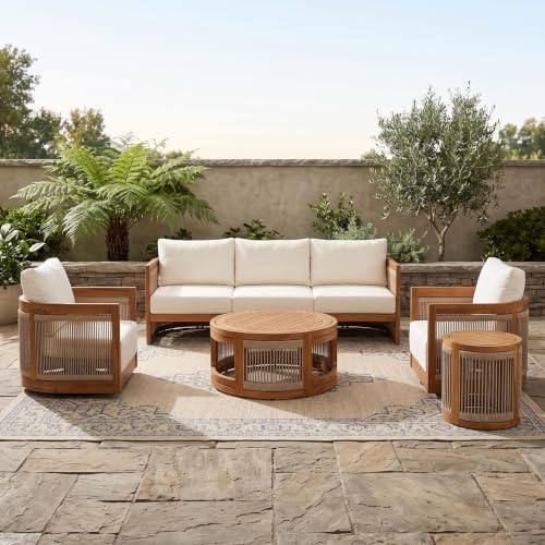 Christopher Knight Home Ayla 7-Seater Patio Furniture Set with Coffee Table, Set of 4 Outdoor Swivel Accent Chair and Sofa Set, 5 Piece Outdoor Acacia Wood Conversation Set with Cushion, Teak+Beige