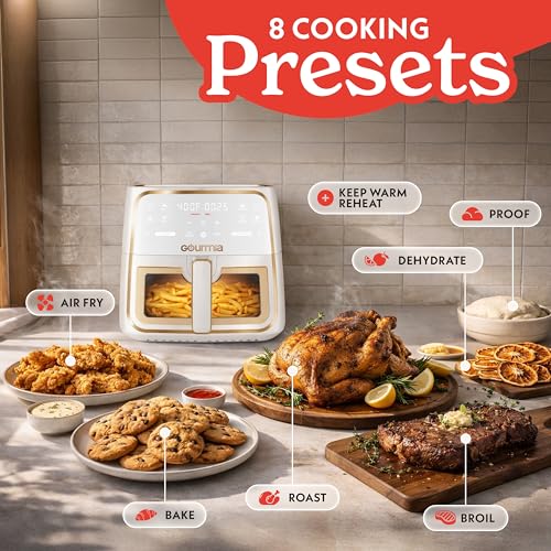 Gourmia 8 Qt Air Fryer, 8 Presets with Digital Display, FryForce 360° Technology, Easy View Window & Interior Light, Dishwasher Safe Basket, White