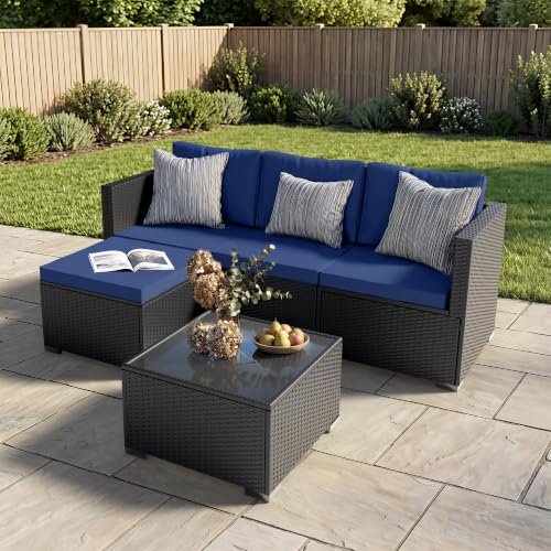 LAWNOOK Patio Furniture Set - All-Weather -5 Piece Outdoor Patio Conversation Couch Sets, Modular Wicker Rattan Sectional Sofa for Garden, Patio, Poolside, Backyard, Balcony, Porch,Navy Blue