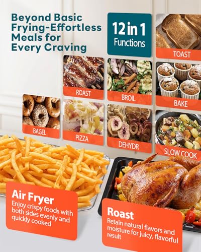 28QT Air Fryer Toaster Oven Combo, Large 12-in-1 Convection Countertop Oven with Next-Gen HeatWave Convection, 3-Layer Cooking, Rotisserie for Chicken, Fits 11" Pizza, All Accessories, Silver-tone