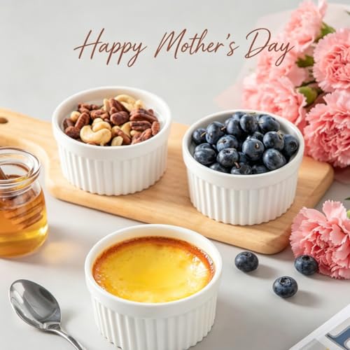 vancasso 8 oz Ramekins with Lid, Porcelain Creme Brulee Souffle Dishes, White Pudding Custard Cups Ramiken for Baking, Dishwasher and Oven Safe, Set of 6