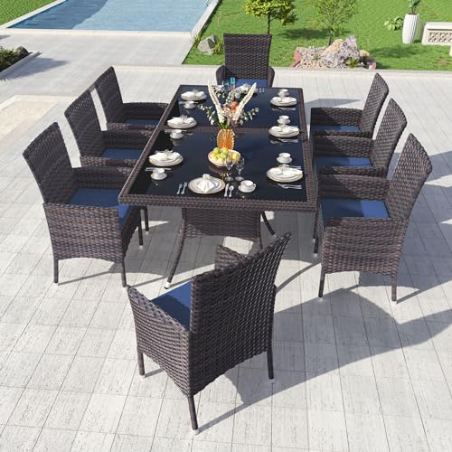 Kullavik 10 Pieces Outdoor Dining Set Patio Rattan Furniture Set,Patio Dining Table and Chairs Set with 8 Chairs and Cushions,Square Glass Tabletop with Umbrella Hole for Patio,Backyard,Navy Blue
