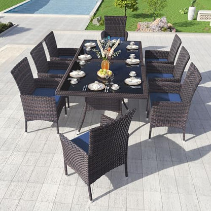 Kullavik 10 Pieces Outdoor Dining Set Patio Rattan Furniture Set,Patio Dining Table and Chairs Set with 8 Chairs and Cushions,Square Glass Tabletop with Umbrella Hole for Patio,Backyard,Navy Blue