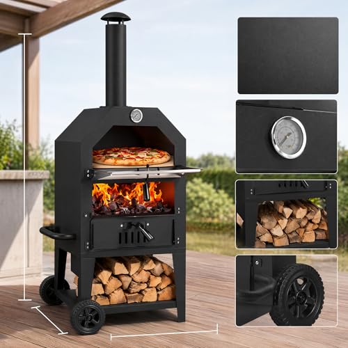 Z1UVDFUR Wood Fired Outdoor Pizza Oven for Patio Backyard Camping, Portable 550°F Pizza Maker with Stone, Peel, Grill Rack & Waterproof Cover for Backyard Camping