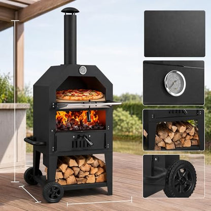 Z1UVDFUR Wood Fired Outdoor Pizza Oven for Patio Backyard Camping, Portable 550°F Pizza Maker with Stone, Peel, Grill Rack & Waterproof Cover for Backyard Camping