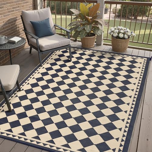 HUGEAR Outdoor Rug for Patios Clearance,Waterproof Mat,Large Outside Carpet,Reversible Plastic Straw Camping Rugs,Rv,Porch,Deck,Camper,Balcony,Backyard (5x8,Checkered/Black&Beige)