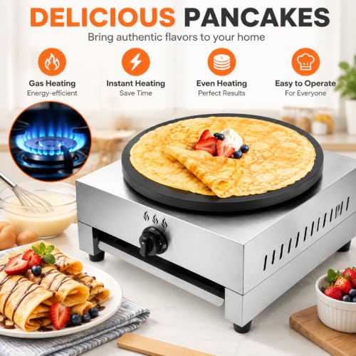 Commercial Crepe Maker 16 Inch, Gas Pancake Machine 2800Pa Tabletop Crepe Griddle with 5.91 ft Gas Hose for Restaurant, Food Truck, Snack Bar