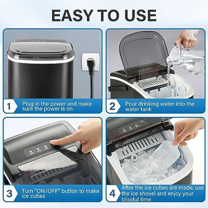 Simple Deluxe Ice Maker for Countertop, Self-Cleaning, Portable Ice Machine with Scoop and Basket, 26lbs Ice/24Hrs, 6 Mins 9 Bullet Ice, 13.7lbs, for Home Kitchen Office, Black