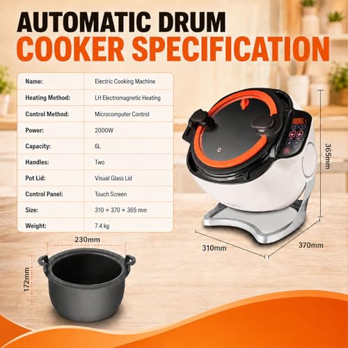 2000w Commercial Food Processor,Automatic Cooking Machine,360° Automatic Stir Fry Pot,6l Non-Stick Drum Wok,Glass Lid,Dual Handles,Auto-Stirring,For Fried Rice,Soup,Home Kitchen