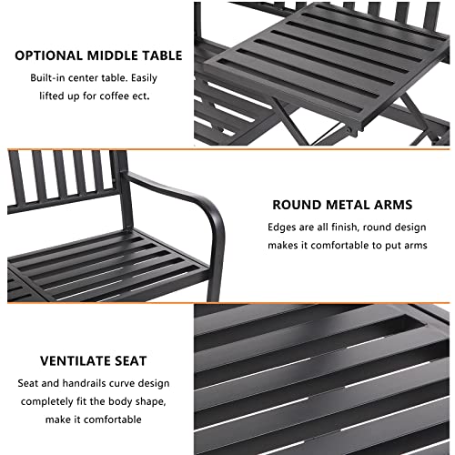 VINGLI 59" Outdoor Metal Bench Patio Bench with Built in Table Park Bench Garden Bench, Outside Benches Weather Proof Front Porch Bench for Yard Lawn Decor Deck