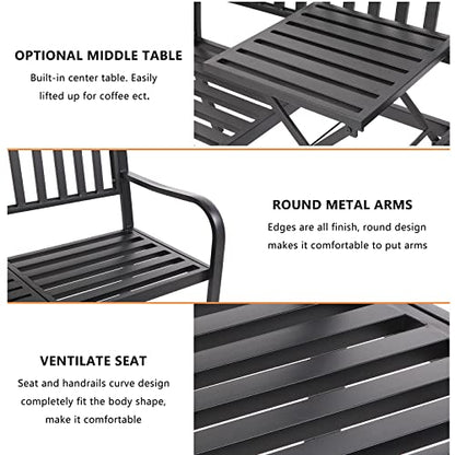 VINGLI 59" Outdoor Metal Bench Patio Bench with Built in Table Park Bench Garden Bench, Outside Benches Weather Proof Front Porch Bench for Yard Lawn Decor Deck