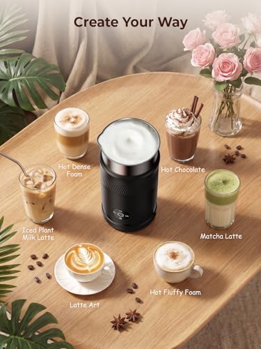 Ecoflarix Large Capacity Milk Frother: 4-in-1 Electric Milk Steamer 350ml, 7700RPM High Speed, 120s Fast Frothing, 𝐇𝐨𝐭 & 𝐂𝐨𝐥𝐝 Foam Maker, Helpful Stainless Steel for Latte - Grayish Black