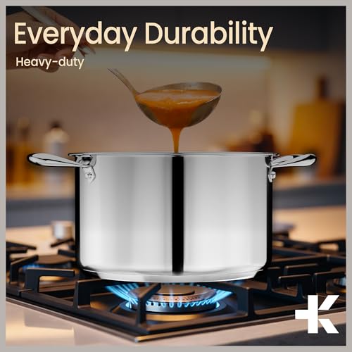 Stainless Steel Stockpot with Tempered Glass Lid 5 Quart, Durable 18/0 Stainless Steel, Impact-Bonded Base for Even Heating, Riveted Handles, Oven & All Stove Compatible, Safe Up To 500°F (260°C)
