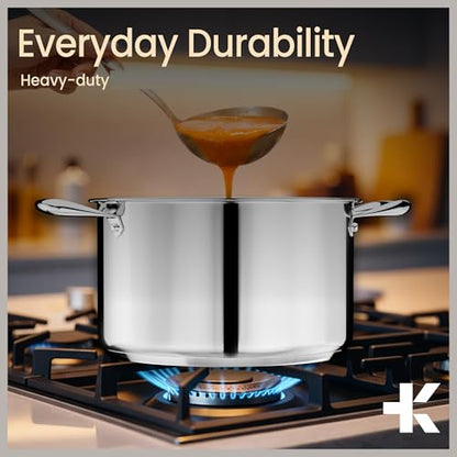 Stainless Steel Stockpot with Tempered Glass Lid 5 Quart, Durable 18/0 Stainless Steel, Impact-Bonded Base for Even Heating, Riveted Handles, Oven & All Stove Compatible, Safe Up To 500°F (260°C)