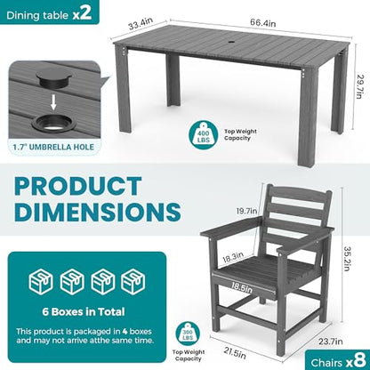 PamapicLife Outdoor HDPE Dining Table Set, 10-Piece Outdoor Dining Table Sets, Wood Grain Patio Furniture Sets with Umbrella Hole for Porch, Backyard, Gray