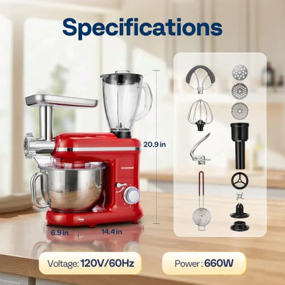VIVOHOME 3-in-1 Stand Mixer, 6-Quart Tilt-Head Mixer, 10 Speeds, Red