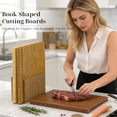 Book Cutting Board Set with Wooden Stand-Wooden Kitchen Cutting Boards That Look Like Books for Vegetables Cheese Meat,3pcs Chopping Board Gift Set for Home Cooks & Kitchen Decor