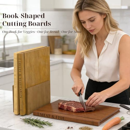 Book Cutting Board Set with Wooden Stand-Wooden Kitchen Cutting Boards That Look Like Books for Vegetables Cheese Meat,3pcs Chopping Board Gift Set for Home Cooks & Kitchen Decor