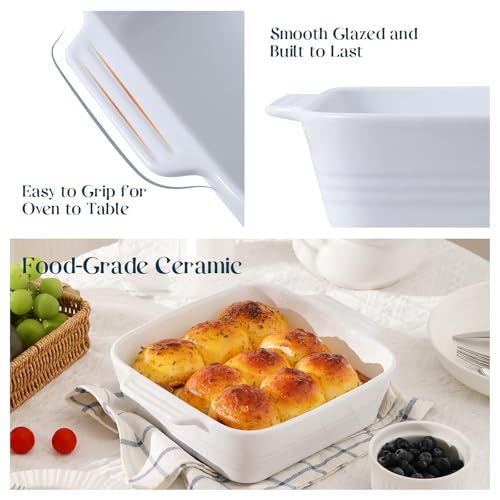DOWAN 8x8 Baking dish, Square Baking Pan, Ceramic Casserole Dishes for Oven, Cake Pan with Handle, for Brownie, Lasagna, Casserole, 2 Quart, Home Gift, Bright White