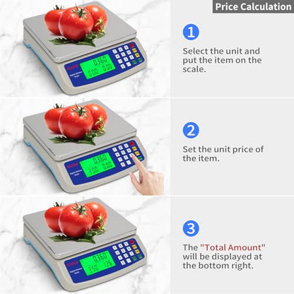 Large Digital Kitchen Scale 30KG Commercial Food Scale 66LB for Baking Bread Meat Stainless Steel Price Computing Scale LCD Display,Prep Counting Scale for Parts and Coins Adapter Included